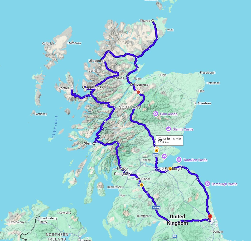 Karte der gesamten Schottland-Tour: Newcastle → Dornoch → Thurso → Ullapool → Applecross → Isle of Raasay → Oban → Edinburgh → Newcastle